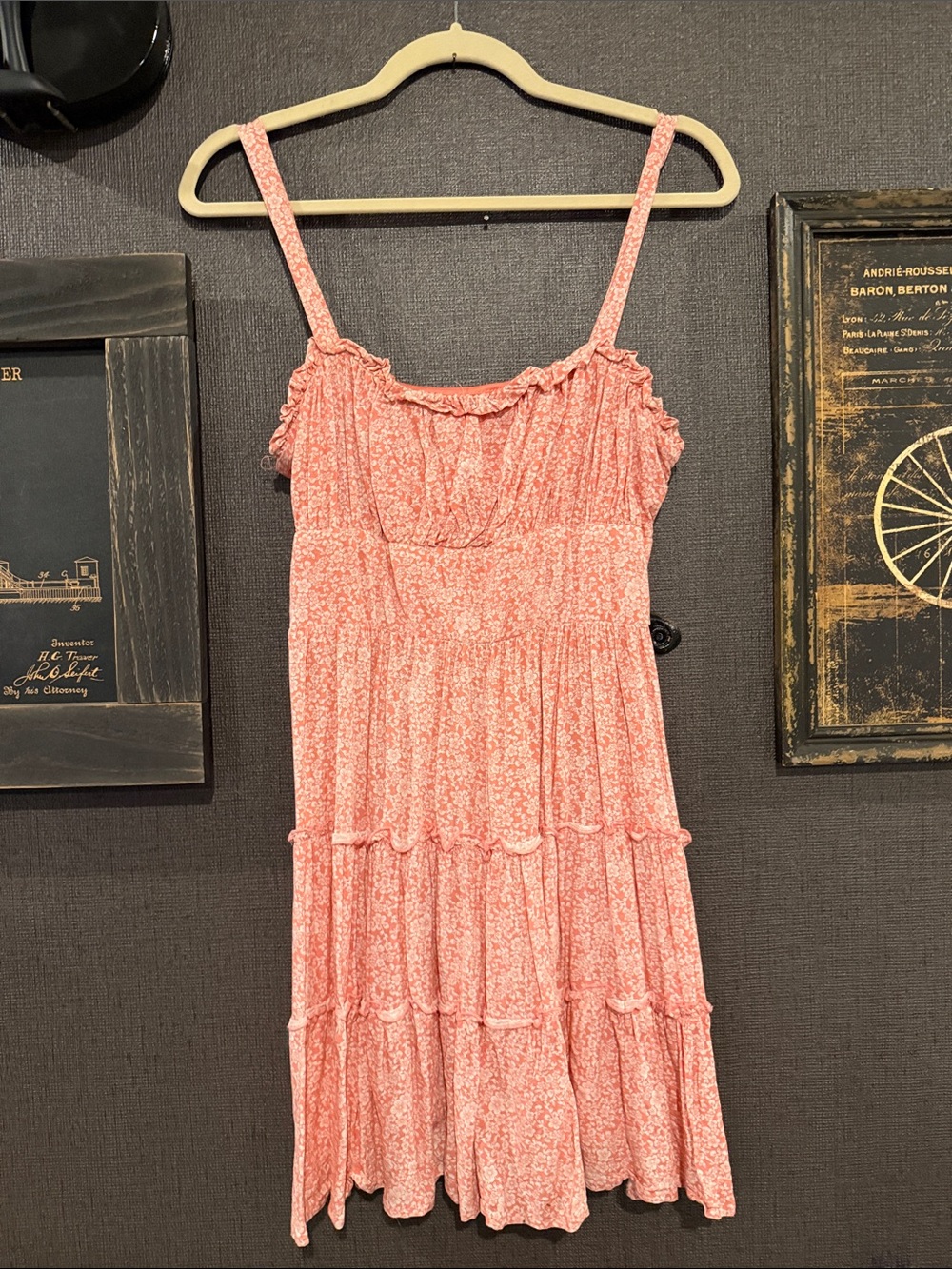 Floral Pink Tiered Mini Dress with Ruffle Trim-salmon coloring